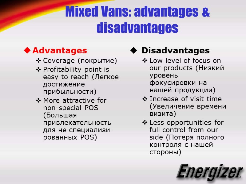Mixed Vans: advantages & disadvantages Advantages Coverage (покрытие) Profitability point is easy to reach